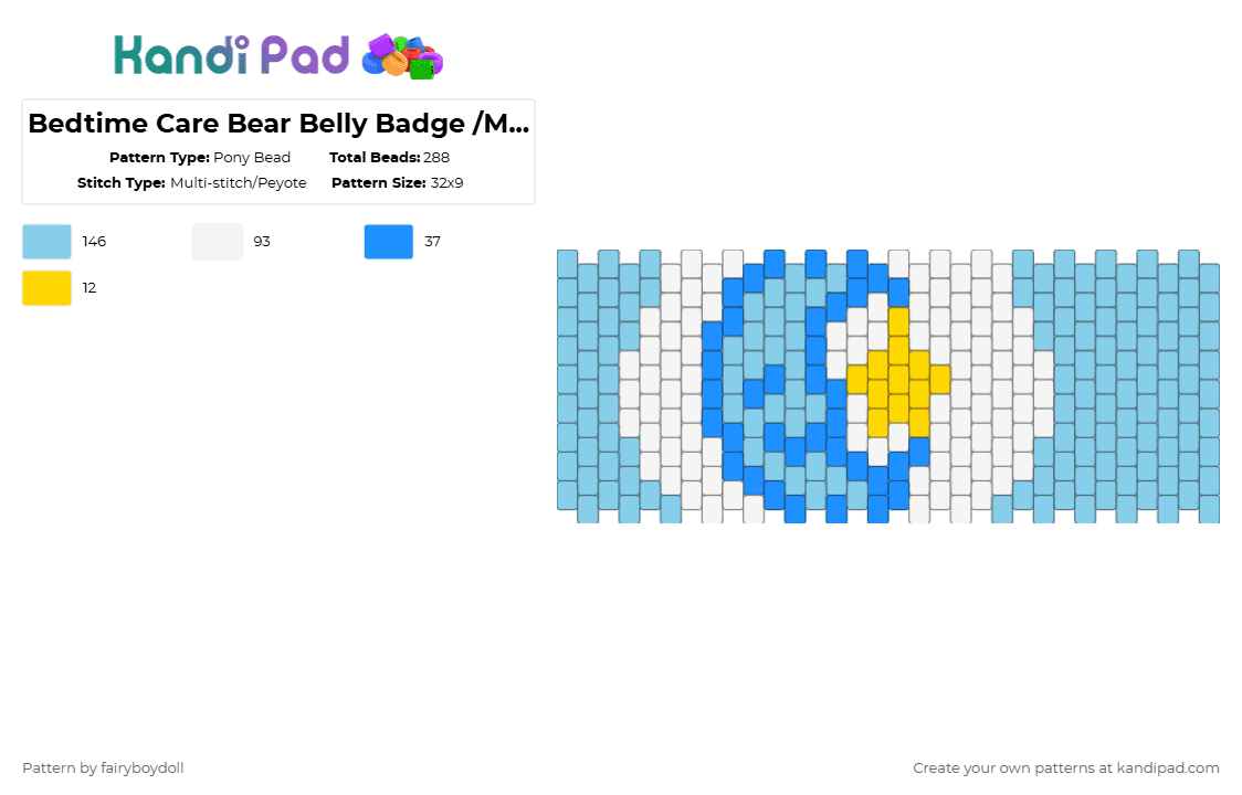 Bedtime Care Bear Belly Badge /Medium 32 - Pony Bead Pattern by fairyboydoll on Kandi Pad - light blue,care bear,moon,star,bedtime,belly badge