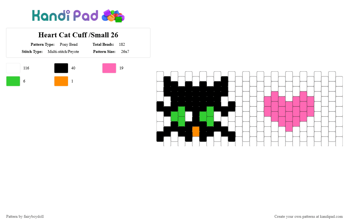 Heart Cat Cuff -Black /Small 26 - Pony Bead Pattern by fairyboydoll on Kandi Pad - cat, heart, pink, white
