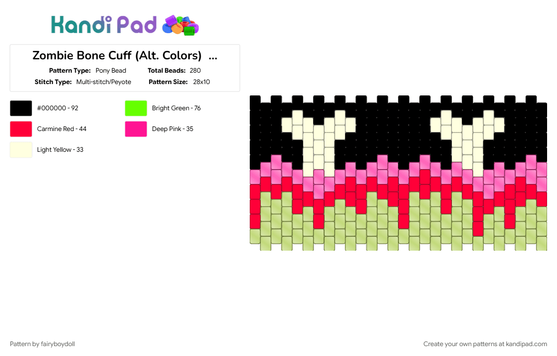 Zombie Bone Cuff (Alt. Colors)  /Small 28 - Pony Bead Pattern by fairyboydoll on Kandi Pad - green