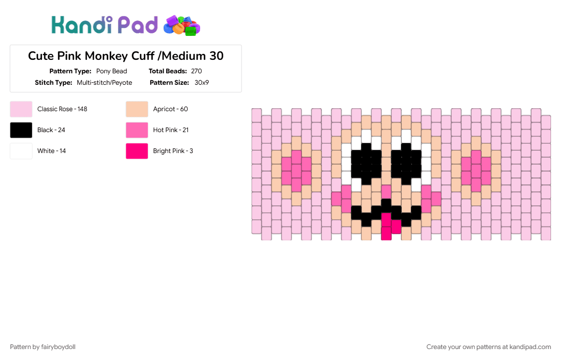 Cute Pink Monkey Cuff /Medium 30 - Pony Bead Pattern by fairyboydoll on Kandi Pad - beige, cute, monkey, pink, silly