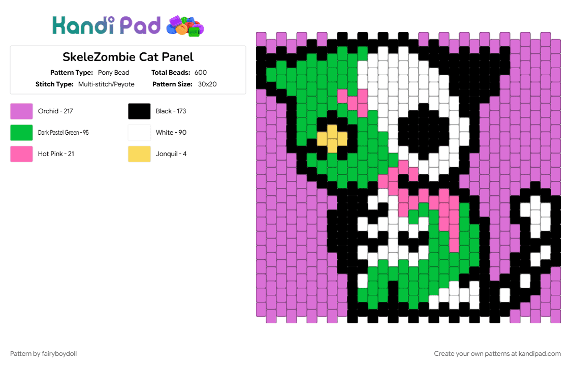 SkeleZombie Cat Panel (Remix) - Pony Bead Pattern by fairyboydoll on Kandi Pad - cat, halloween, panel, pink, spooky, zombie