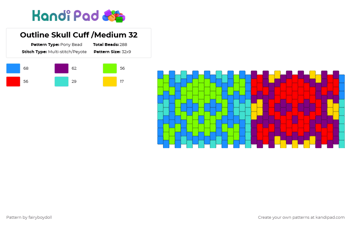 Outline Skull Cuff /Medium 32 - Pony Bead Pattern by fairyboydoll on Kandi Pad - light blue,green,pink,red,skull