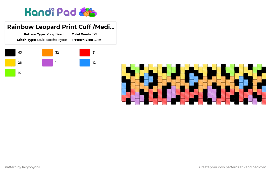 Rainbow Leopard Print Cuff /Medium 32 - Pony Bead Pattern by fairyboydoll on Kandi Pad - yellow,orange,red,rainbow,leopard