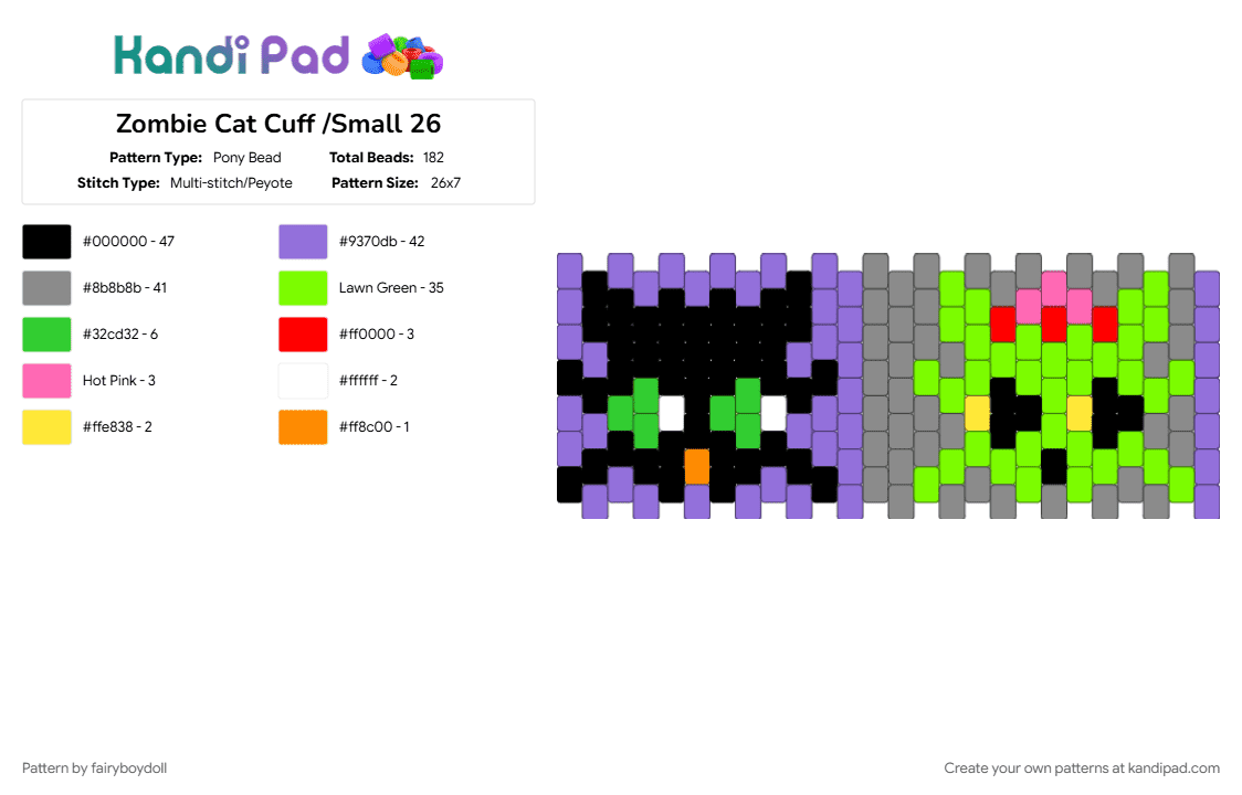 Zombie Cat Cuff /Small 26 - Pony Bead Pattern by fairyboydoll on Kandi Pad - cat, gray, green, halloween, purple, spooky, zombie