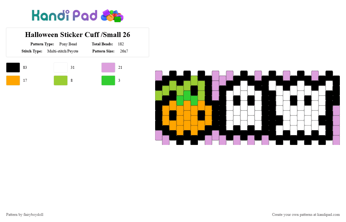 Halloween Sticker Cuff /Small 26 - Pony Bead Pattern by fairyboydoll on Kandi Pad - ghost, halloween, jackolantern, orange, pink, pumpkin, spooky, sticker, white