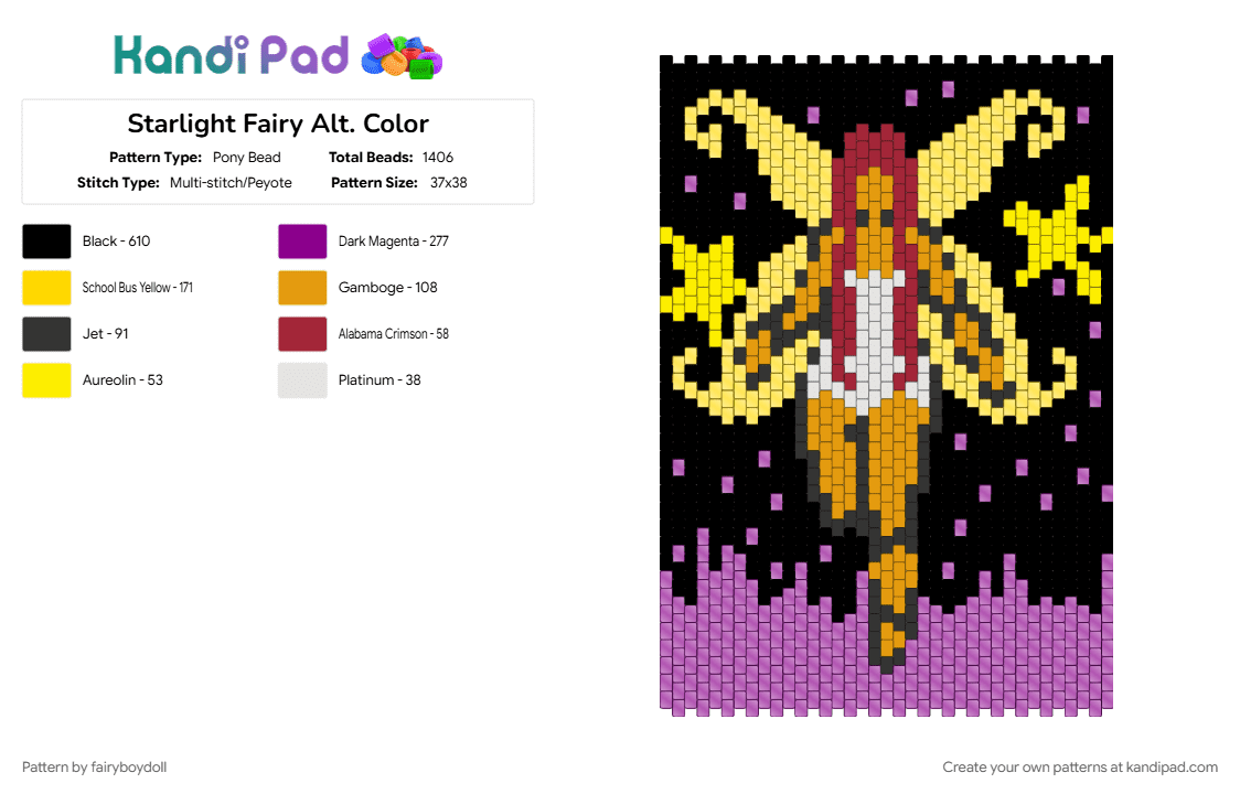 Starlight Fairy Alt. Color - Pony Bead Pattern by fairyboydoll on Kandi Pad - black, fairy, pink, space, star, yellow