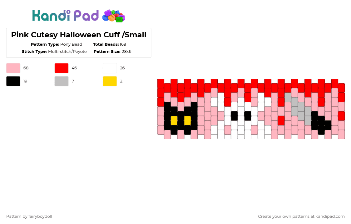 Pink Cutesy Halloween Cuff /Small 28 - Pony Bead Pattern by fairyboydoll on Kandi Pad - pink,red,halloween,spooky,cute,knife,cat,skull,blood