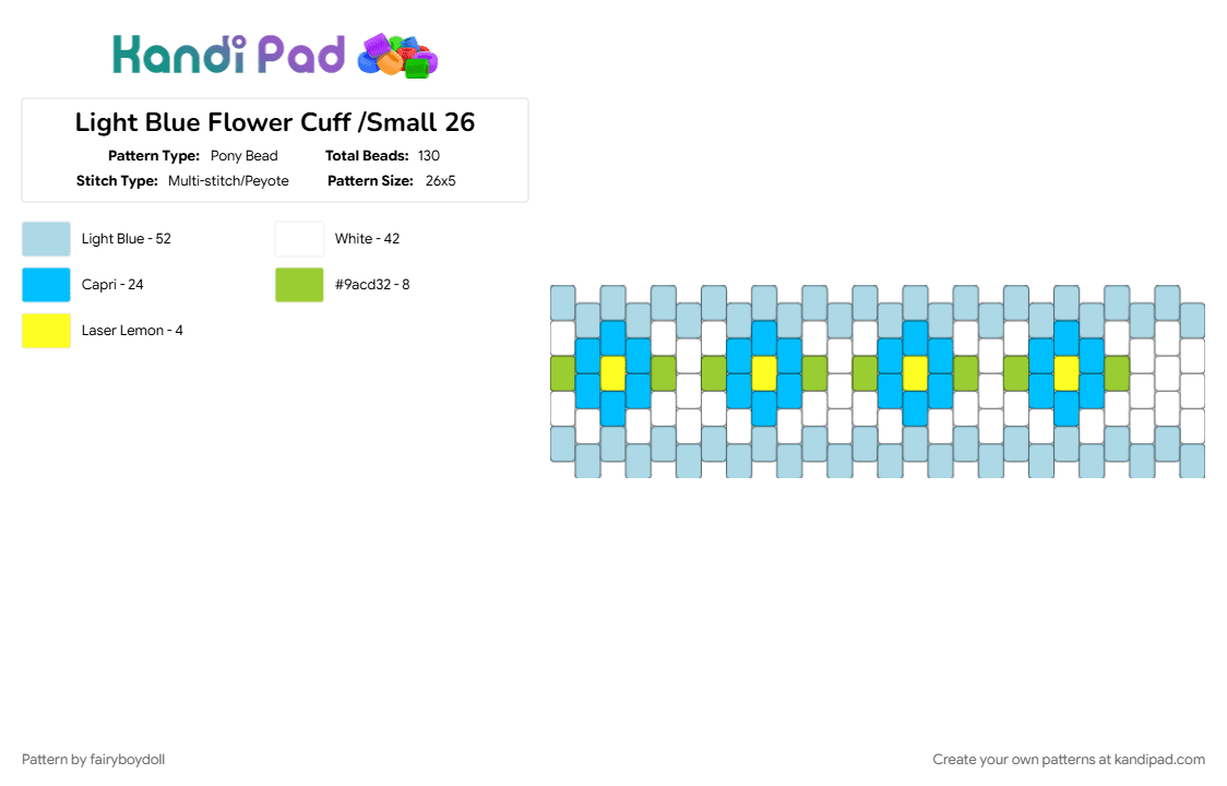 Blue Flower Cuff /Small 26 - Pony Bead Pattern by fairyboydoll on Kandi Pad - blue, cute, flower, light blue