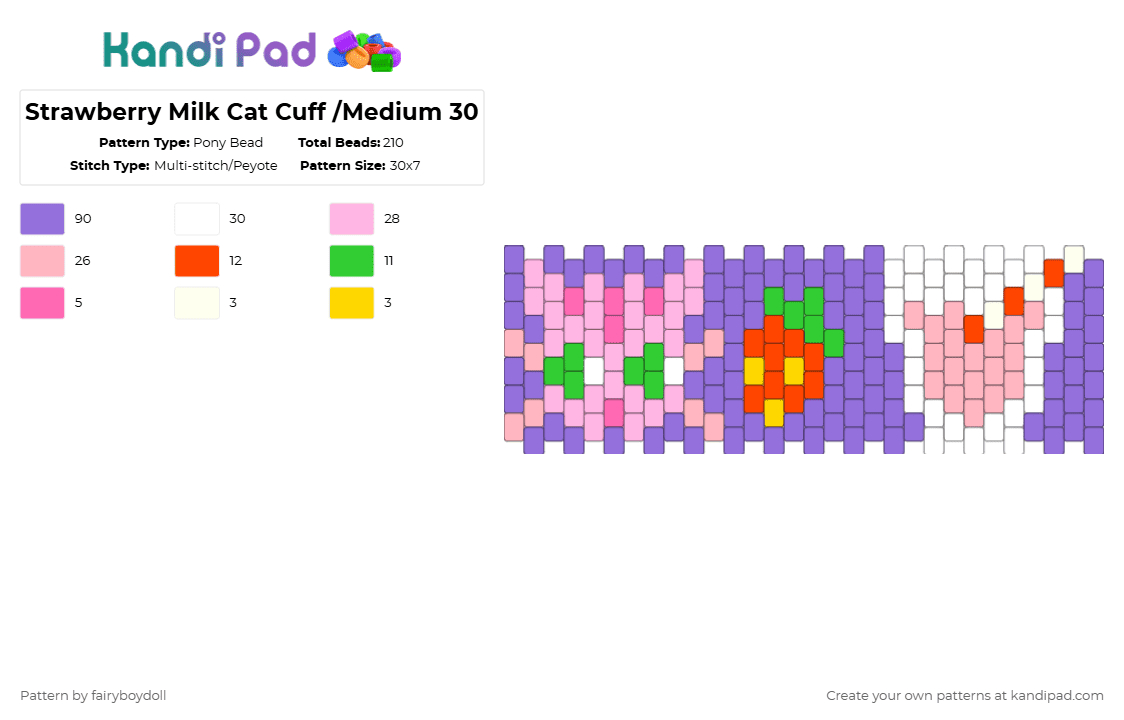 Strawberry Milk Cat Cuff /Medium 30 - Pony Bead Pattern by fairyboydoll on Kandi Pad - purple,pink,strawberry,milk,cat