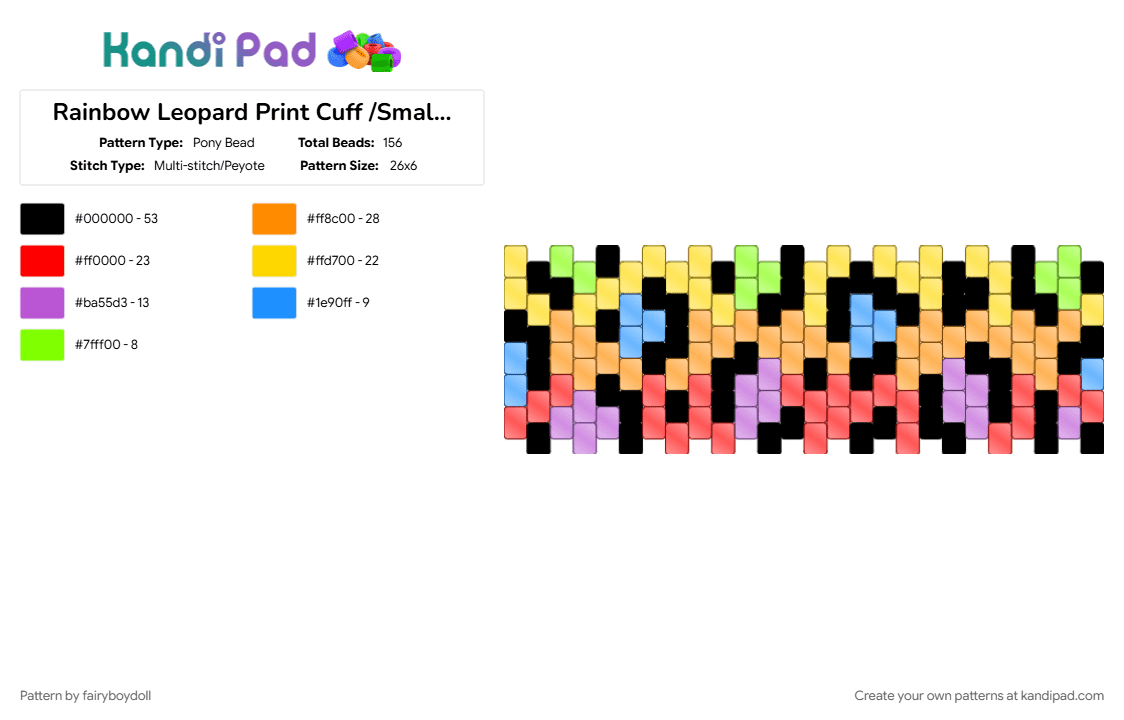 Rainbow Leopard Print Cuff /Small 26 - Pony Bead Pattern by fairyboydoll on Kandi Pad - leopard, orange, rainbow, red, yellow