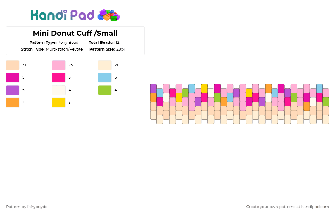 Mini Donut Cuff /Small 28 - Pony Bead Pattern by fairyboydoll on Kandi Pad - pink,beige,donut,food
