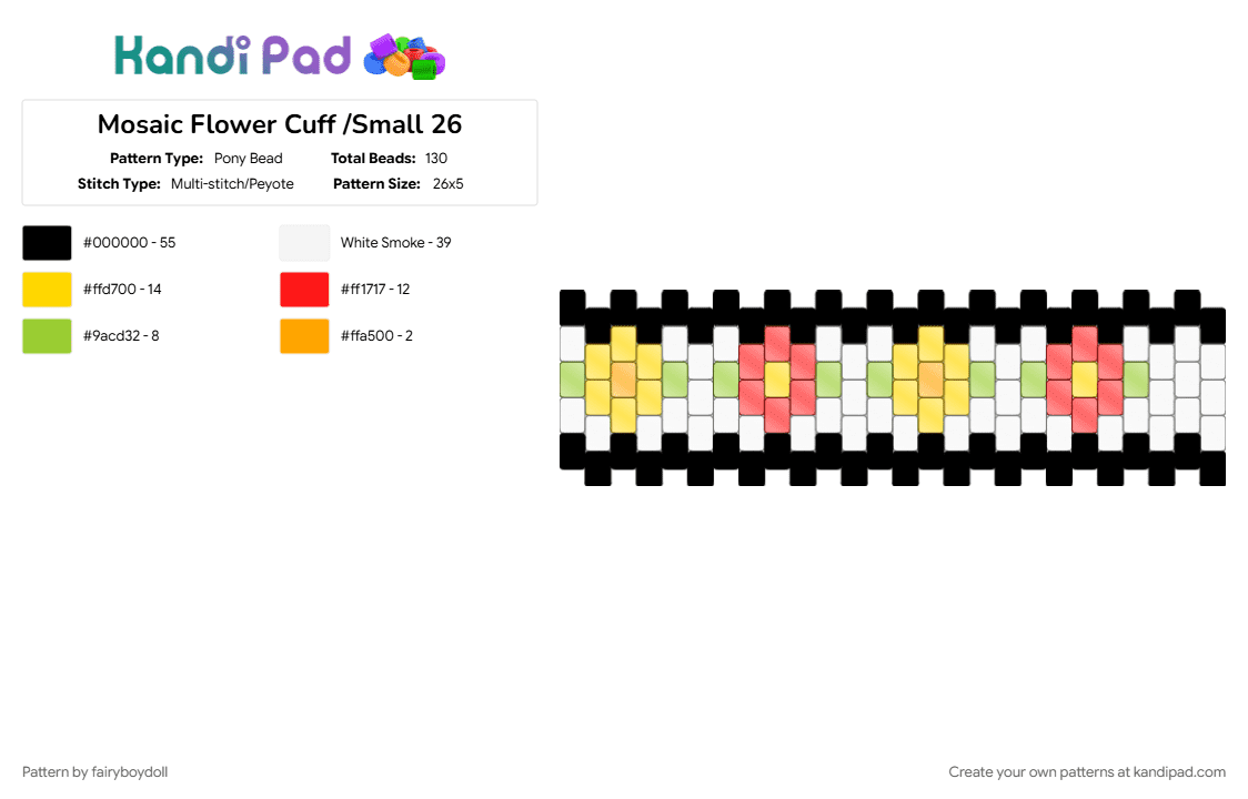 Mosaic Flower Cuff /Small 26 - Pony Bead Pattern by fairyboydoll on Kandi Pad - flower, mosaic, red, stained glass, white, yellow