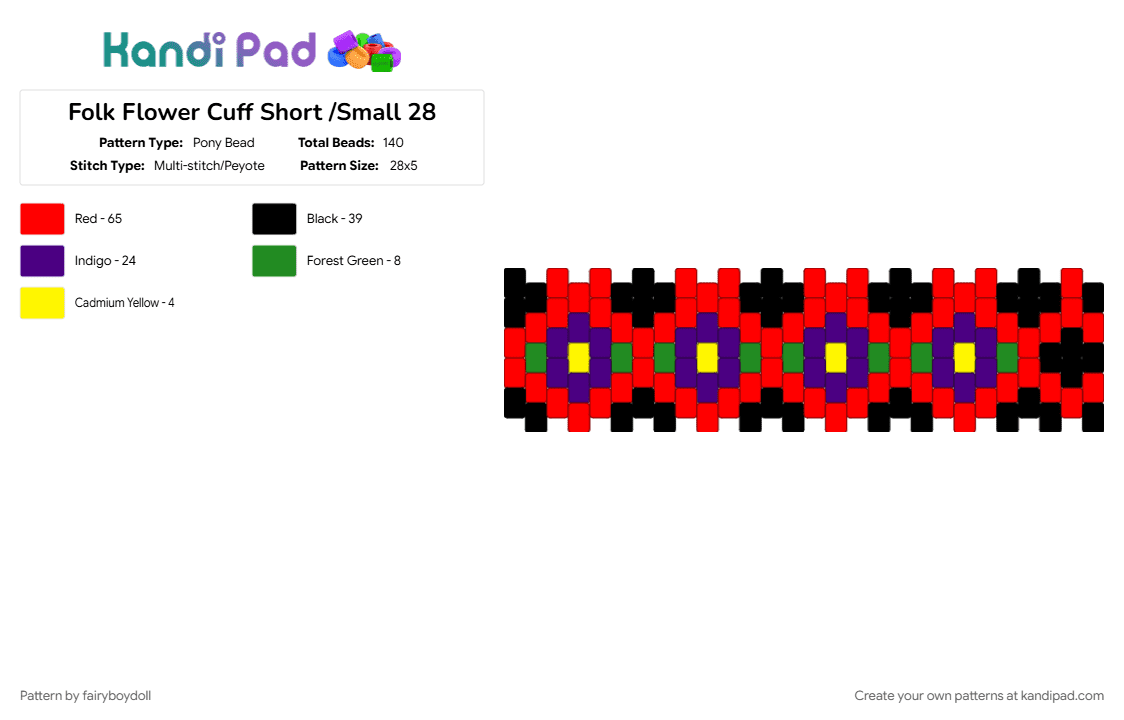 Folk Flower Cuff Short /Small 28 - Pony Bead Pattern by fairyboydoll on Kandi Pad - flower, folk, purple, red