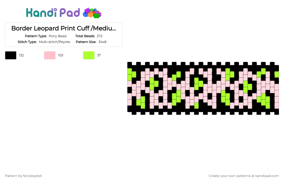 Border Leopard Print Cuff /Medium 34 - Pony Bead Pattern by fairyboydoll on Kandi Pad - animal print, cheeta, green, leopard, pink, scene