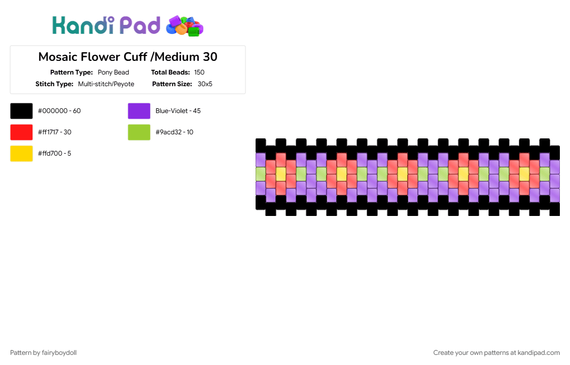 Mosaic Flower Cuff /Medium 30 - Pony Bead Pattern by fairyboydoll on Kandi Pad - flower, mosaic, purple, red, stained glass