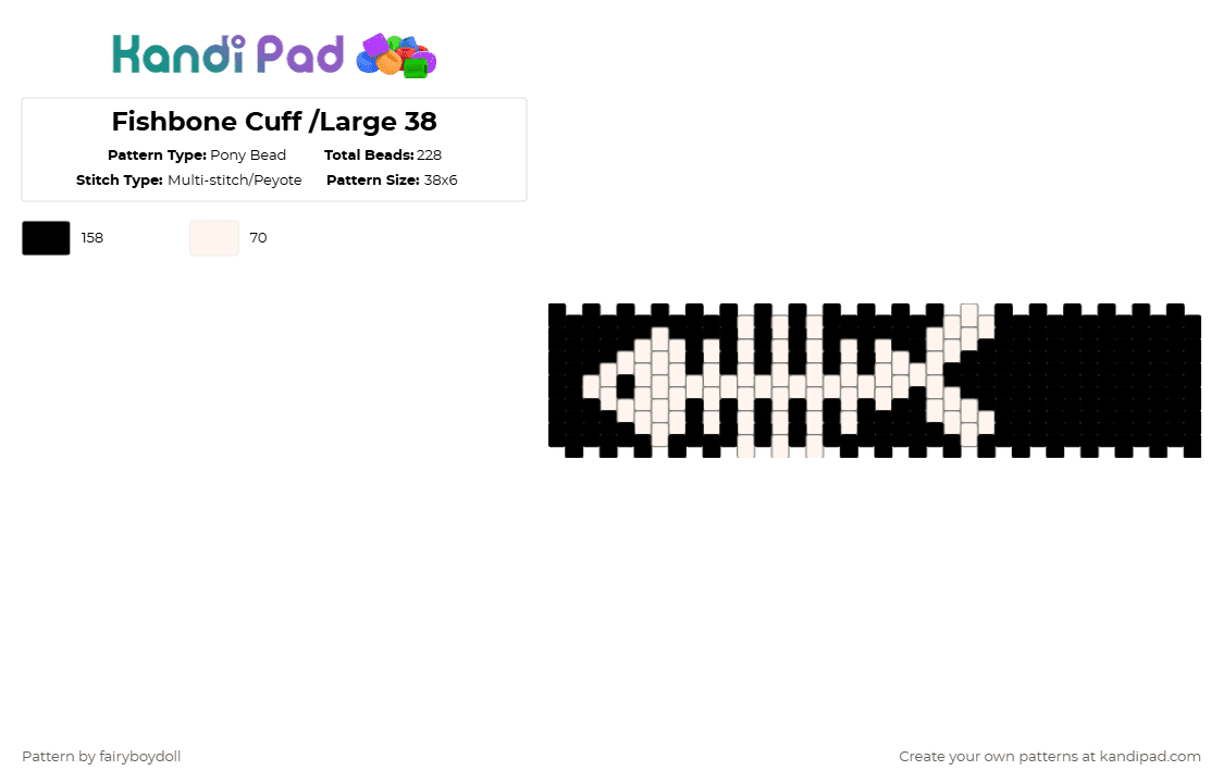 Fishbone Cuff /Large 38 - Pony Bead Pattern by fairyboydoll on Kandi Pad - white,black,fishbone,fish,skeleton