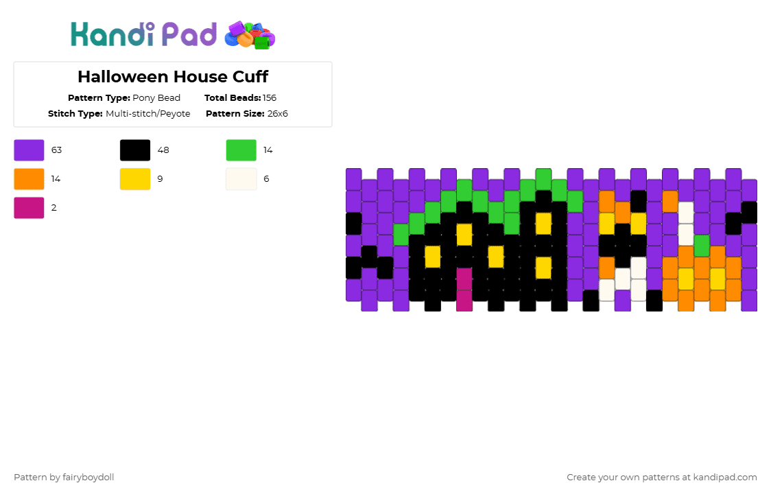 Halloween House Cuff /Small 26 - Pony Bead Pattern by fairyboydoll on Kandi Pad - purple,halloween,cat,spooky,house