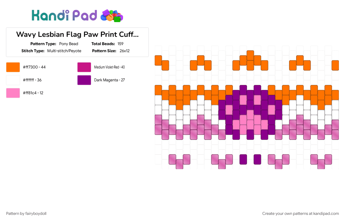 Pieces - Wavy Lesbian Flag Paw Print Cuff /Small 26 - Pony Bead Pattern by fairyboydoll on Kandi Pad - flag, lesbian, lgbtq, paw, pride