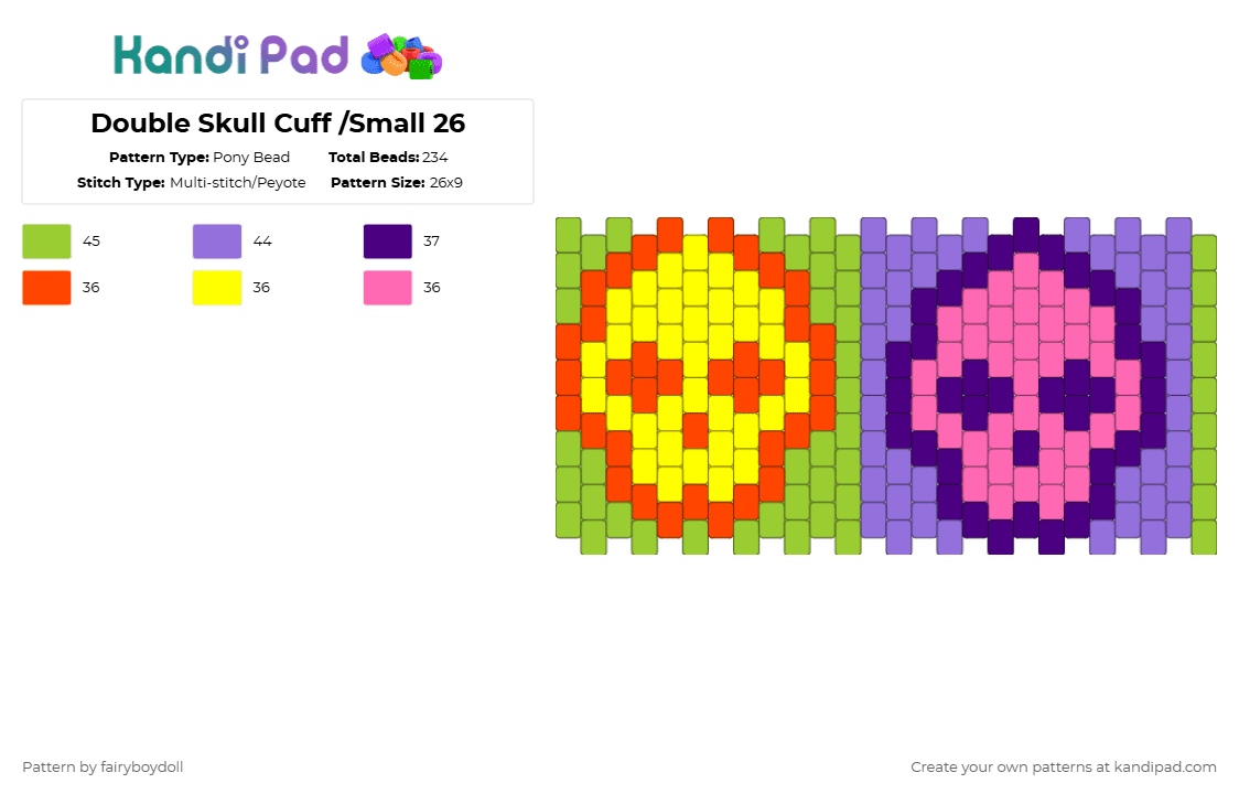 Double Skull Cuff /Small 26 - Pony Bead Pattern by fairyboydoll on Kandi Pad - green,purple,skull