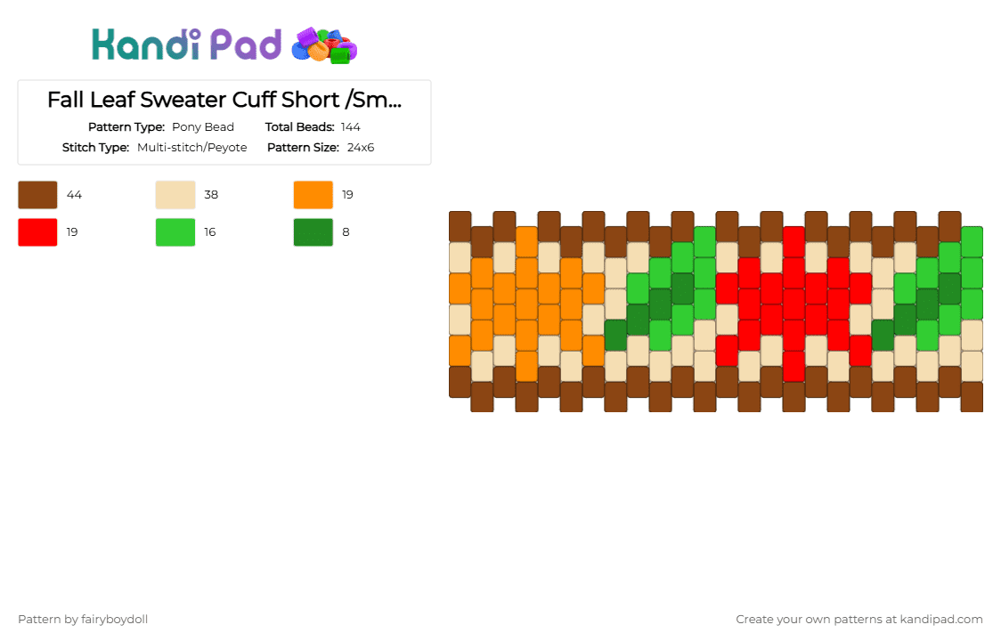 Fall Leaf Sweater Cuff Short /Small 24 - Pony Bead Pattern by fairyboydoll on Kandi Pad - autumn, beige, cozy, fall, leaf, nature, red, seasons, sweater