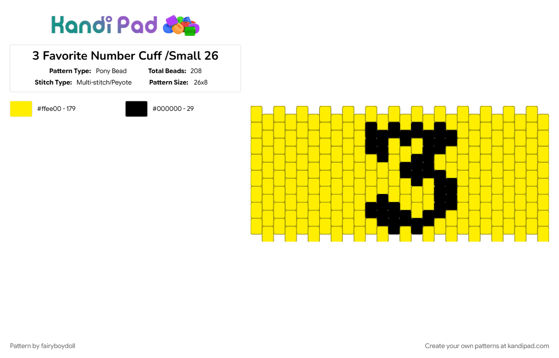 3 Favorite Number Cuff /Small 26 - Pony Bead Pattern by fairyboydoll on Kandi Pad - 3, number, yellow