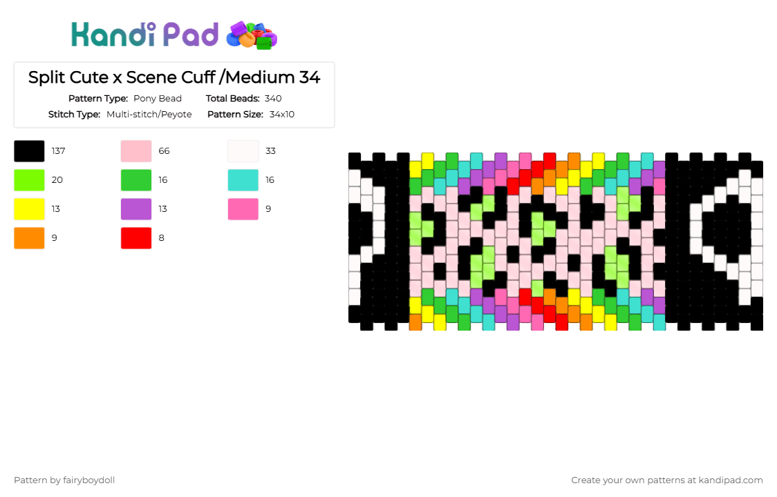 Split Cute x Scene Cuff /Medium 34 - Pony Bead Pattern by fairyboydoll on Kandi Pad - alt, animal print, cheeta, cute, green, leopard, pink, scene, skull