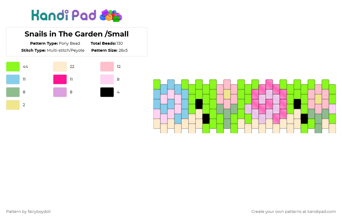 Snails in The Garden /Small 26 - Pony Bead Pattern by fairyboydoll on Kandi Pad - beige,pink,green,snail,nature,animal,garden,cute