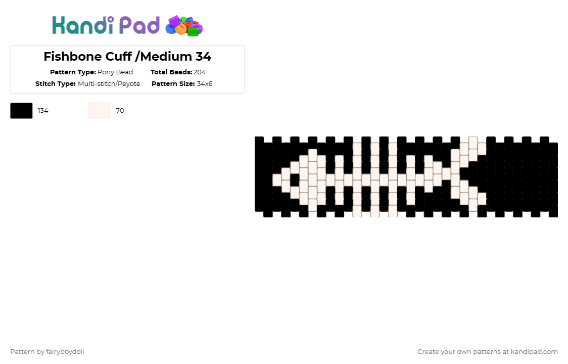 Fishbone Cuff /Medium 34 - Pony Bead Pattern by fairyboydoll on Kandi Pad - white,black,fish bone,fossil,edgy
