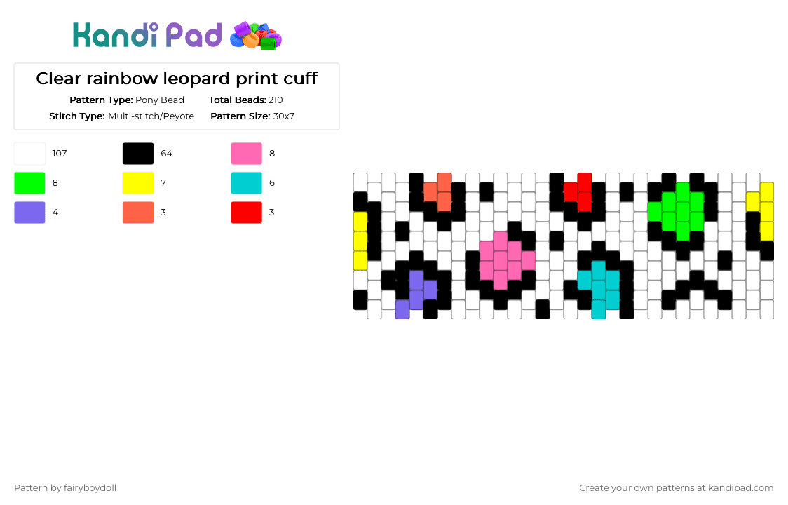 Clear Rainbow Leopard Print Cuff /Medium 30 - Pony Bead Pattern by fairyboydoll on Kandi Pad - colorful, green, leopard, pink, rainbow, white