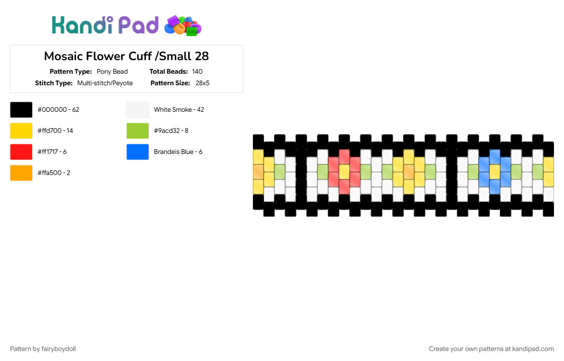Mosaic Flower Cuff /Small 28 - Pony Bead Pattern by fairyboydoll on Kandi Pad - black, flower, green, mosaic, stained glass, white, yellow