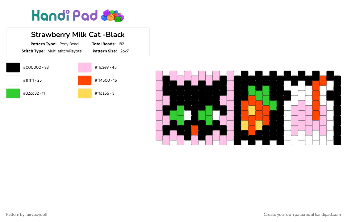 Strawberry Milk Cat Cuff -Black /Small 26 - Pony Bead Pattern by fairyboydoll on Kandi Pad - 