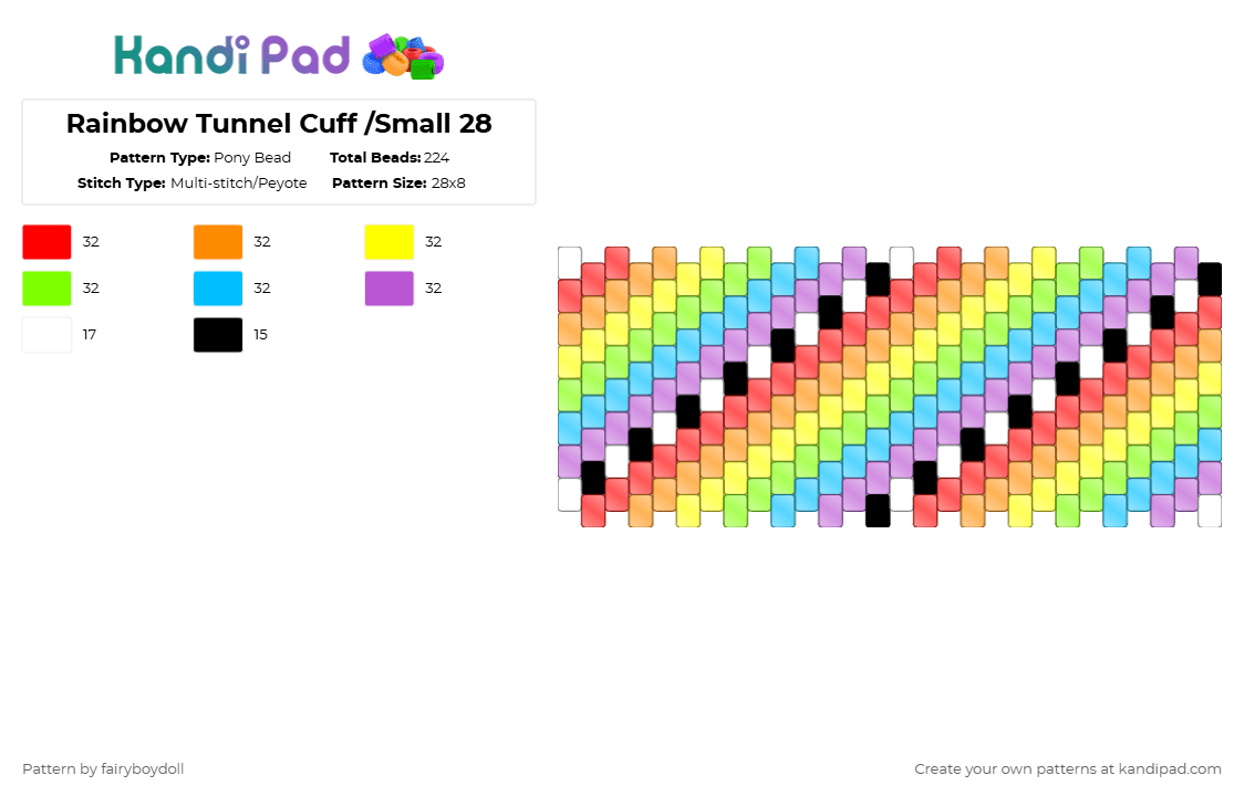 Rainbow Tunnel Cuff /Small 28 - Pony Bead Pattern by fairyboydoll on Kandi Pad - orange,green,pink,colorful,rainbow