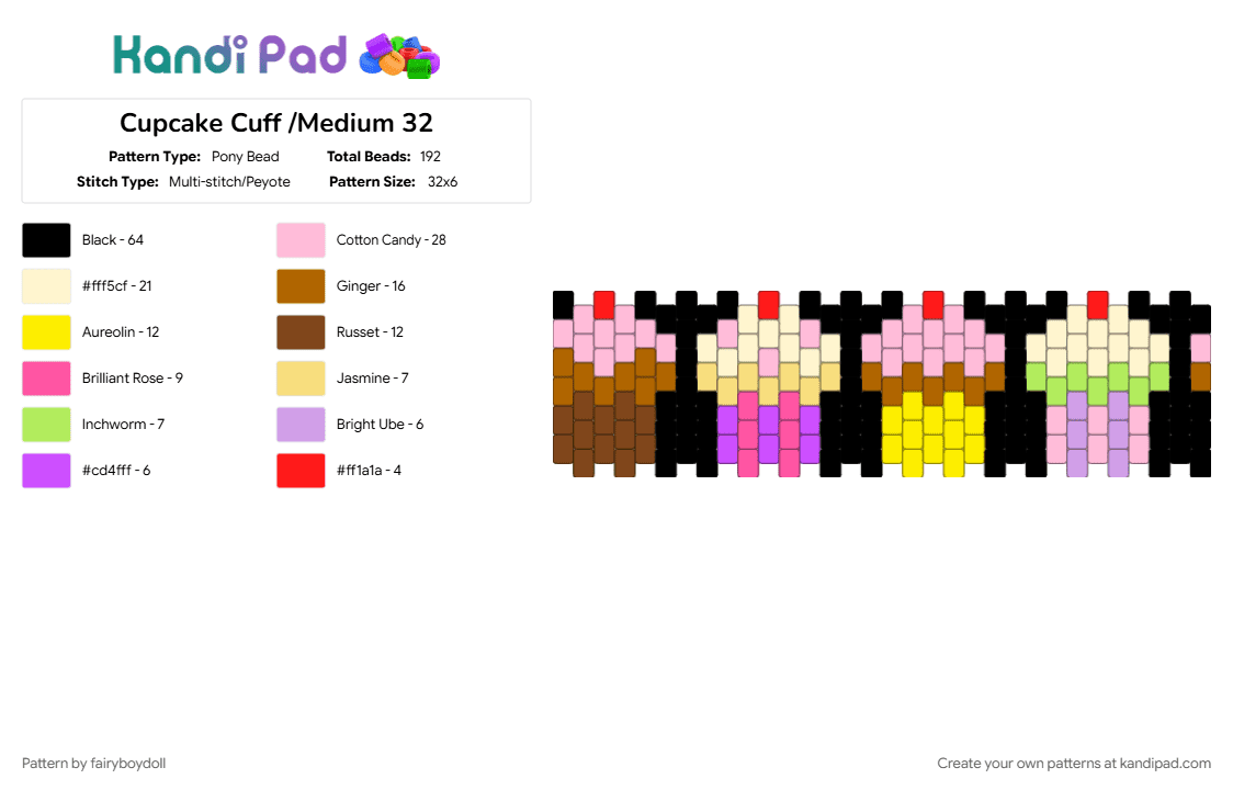 Cupcake Cuff /Medium 32 - Pony Bead Pattern by fairyboydoll on Kandi Pad - cupcake, dessert, food, pink, sweet, tan, yellow