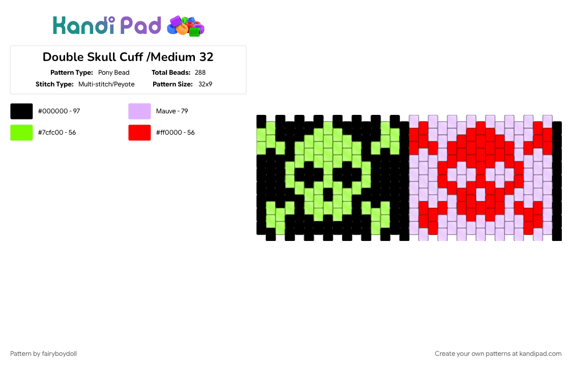 Double Skull Cuff /Medium 32 - Pony Bead Pattern by fairyboydoll on Kandi Pad - death, emo, goth, pink, punk, skull, spooky, y2k
