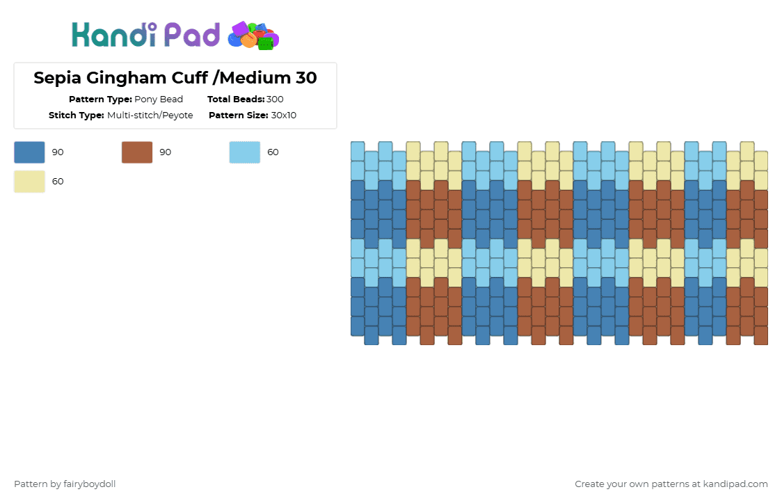 Sepia Gingham Cuff /Medium 30 - Pony Bead Pattern by fairyboydoll on Kandi Pad - blue,red,color,block,sepia,gingham,plaid