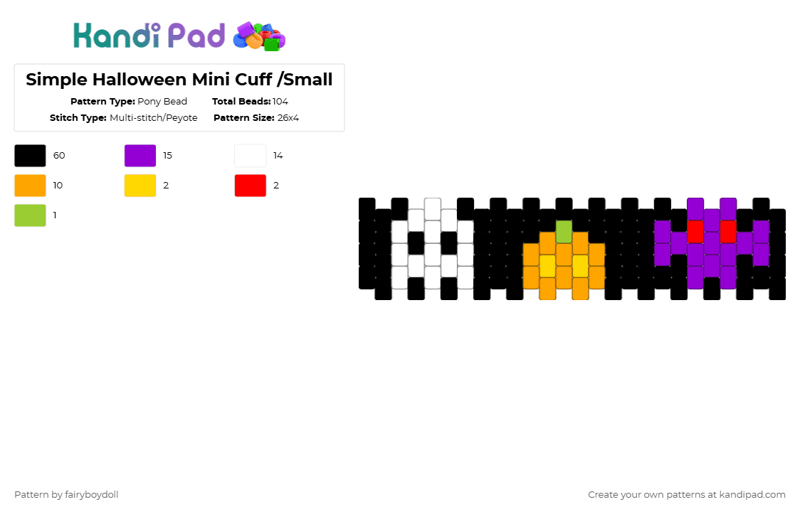 Simple Halloween Mini Cuff /Small 26 - Pony Bead Pattern by fairyboydoll on Kandi Pad - black,orange,purple,ghost,jackolantern,bat,halloween,spooky