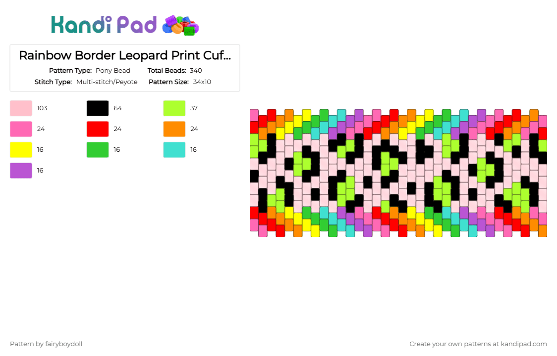 Rainbow Border Leopard Print Cuff /Medium 34 - Pony Bead Pattern by fairyboydoll on Kandi Pad - animal print, cheeta, green, leopard, pink