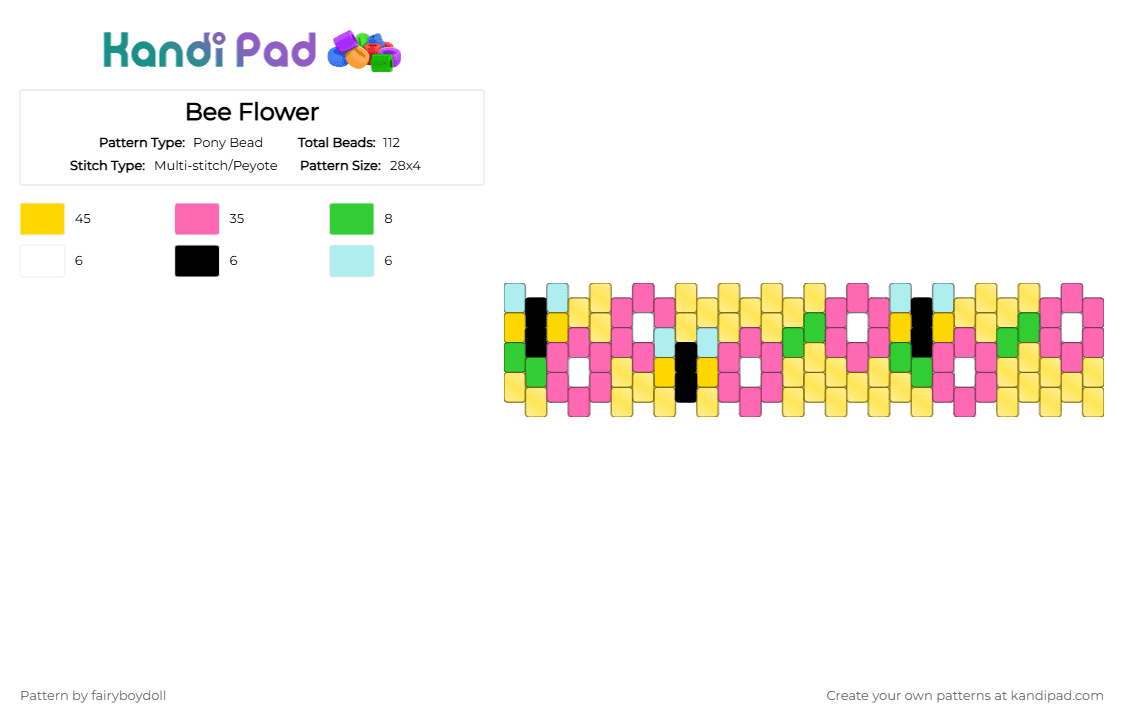 Bee Flower Cuff /Small 28 - Pony Bead Pattern by fairyboydoll on Kandi Pad - bee, flower, nature, pink, yellow