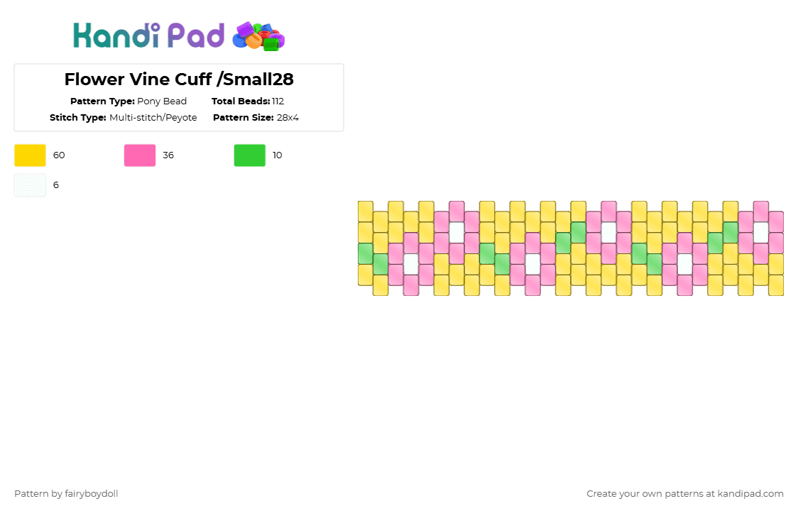 Flower Vine Mini Cuff /Small 28 - Pony Bead Pattern by fairyboydoll on Kandi Pad - yellow,pink,flower