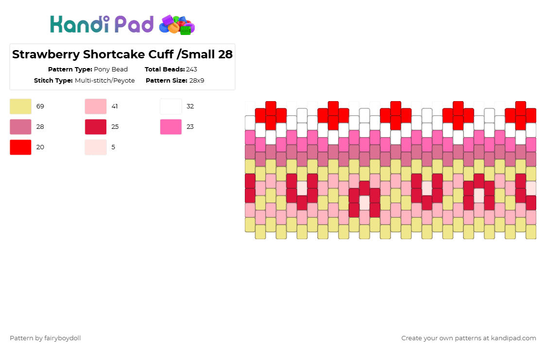 Strawberry Shortcake Cuff /Small 28 - Pony Bead Pattern by fairyboydoll on Kandi Pad - pink,yellow
