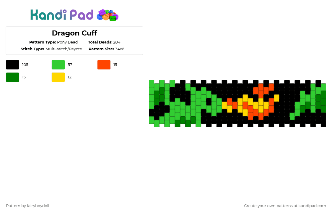 Dragon Cuff /Medium 34 - Pony Bead Pattern by fairyboydoll on Kandi Pad - green,dragon,fantasy