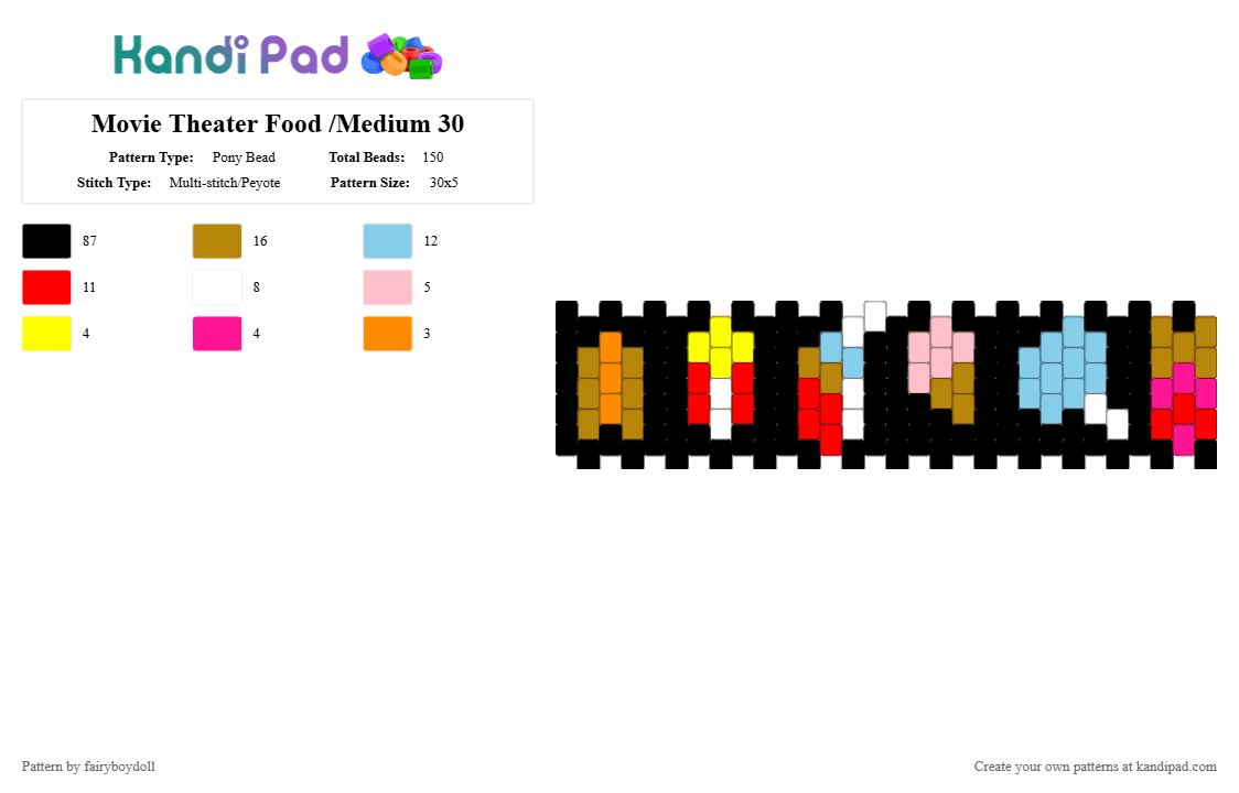 Movie Theater Food /Medium 30 - Pony Bead Pattern by fairyboydoll on Kandi Pad - black, colorful, food, gold, light blue, snack