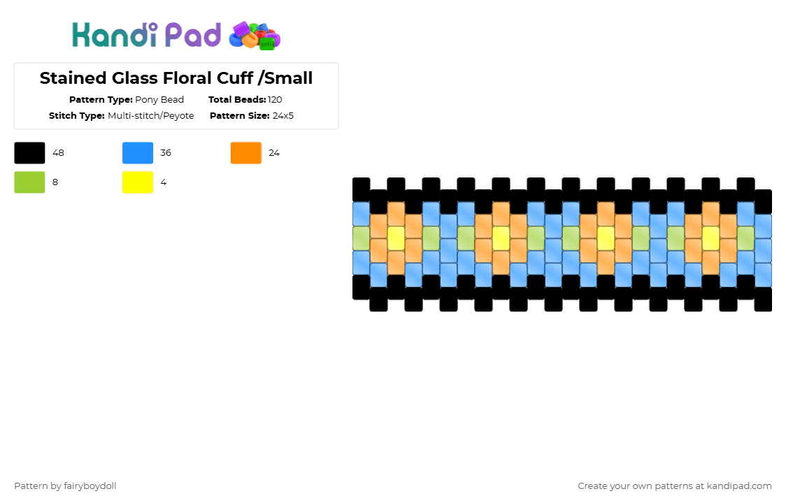 Stained Glass Floral Cuff /Small 24 - Pony Bead Pattern by fairyboydoll on Kandi Pad - orange,light blue,flower