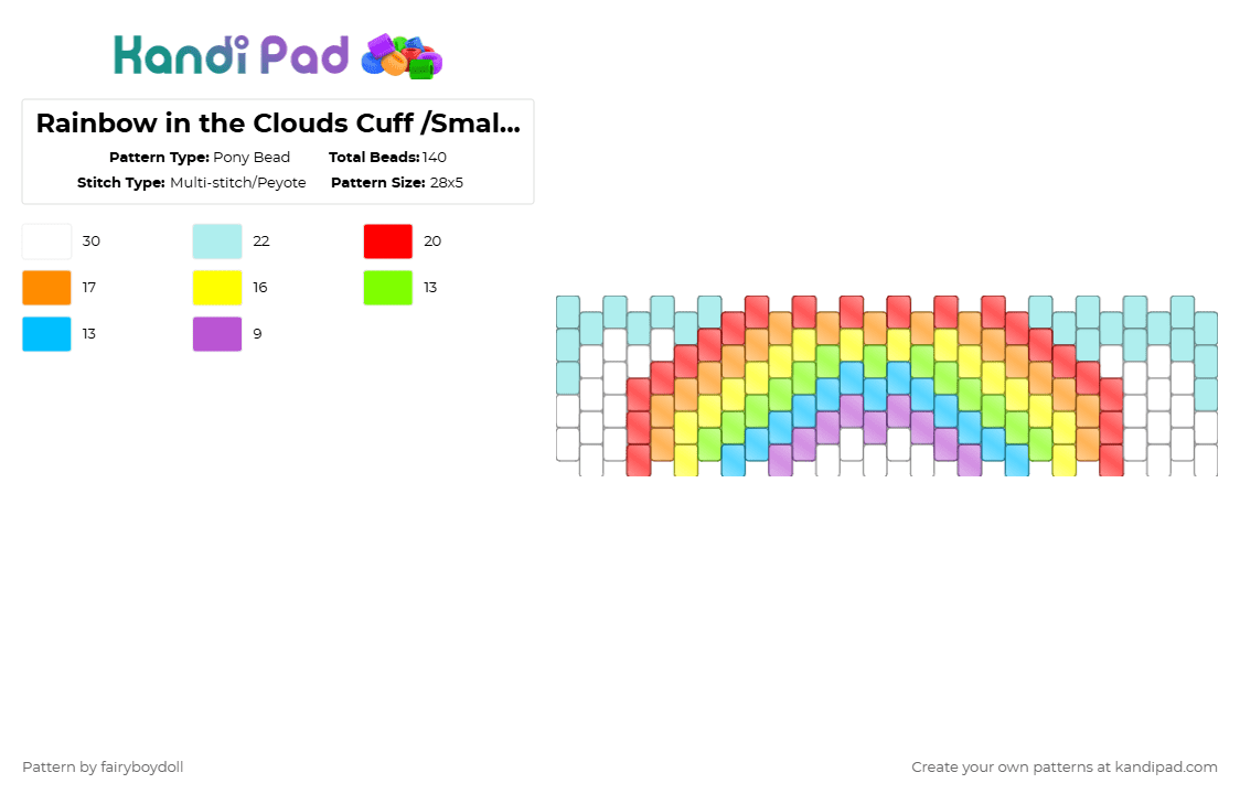 Rainbow in the Clouds Cuff /Small 28 - Pony Bead Pattern by fairyboydoll on Kandi Pad - light blue,red,orange,rainbow,cloud,sky,day,cute