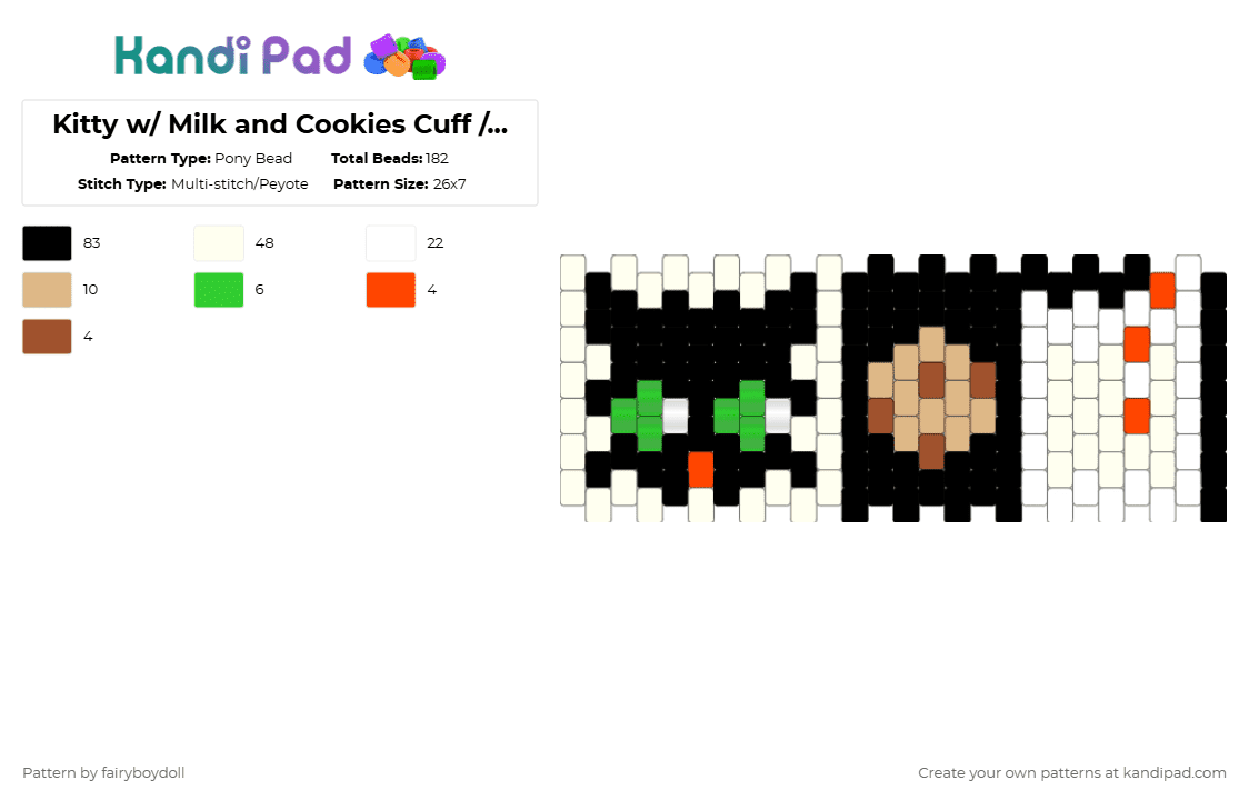 Kitty w/ Milk and Cookies Cuff /Small 26 - Pony Bead Pattern by fairyboydoll on Kandi Pad - white,red,beige,milk,cat,cookie