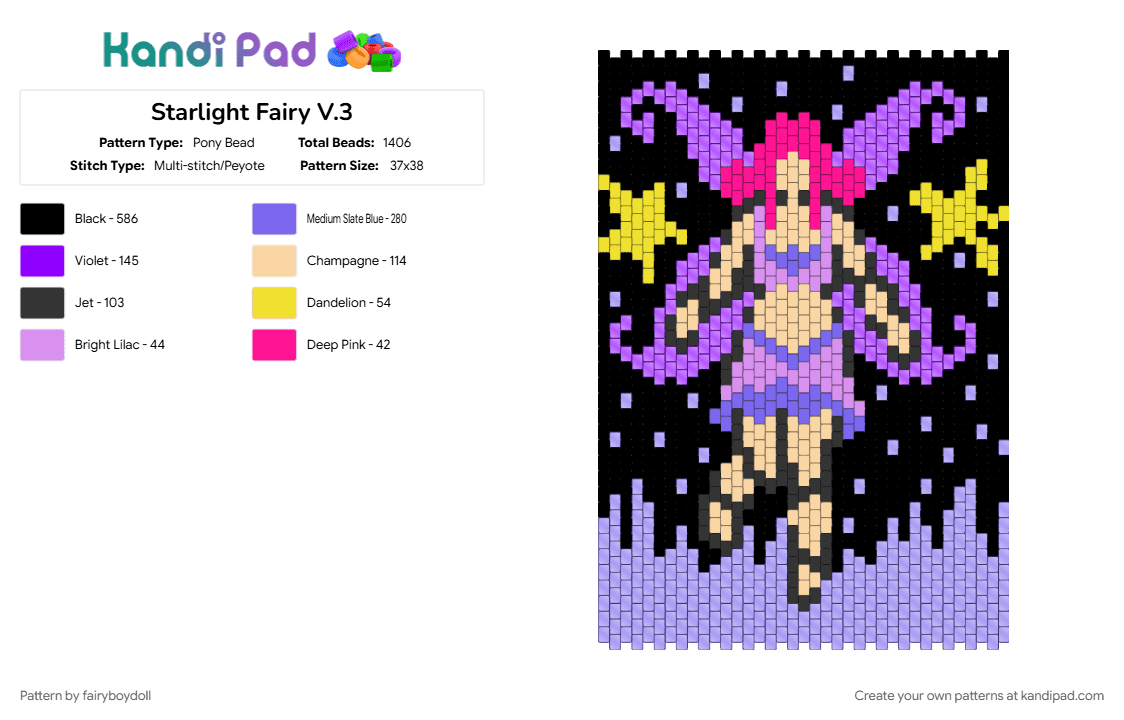 Starlight Fairy V.3 - Pony Bead Pattern by fairyboydoll on Kandi Pad - black, blue, purple