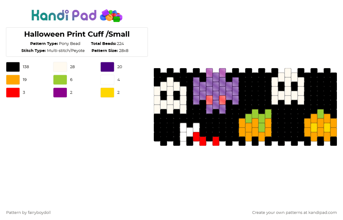Halloween Print Cuff /Small 28 - Pony Bead Pattern by fairyboydoll on Kandi Pad - black,purple,orange,spooky,halloween,jackolantern,ghost,bat