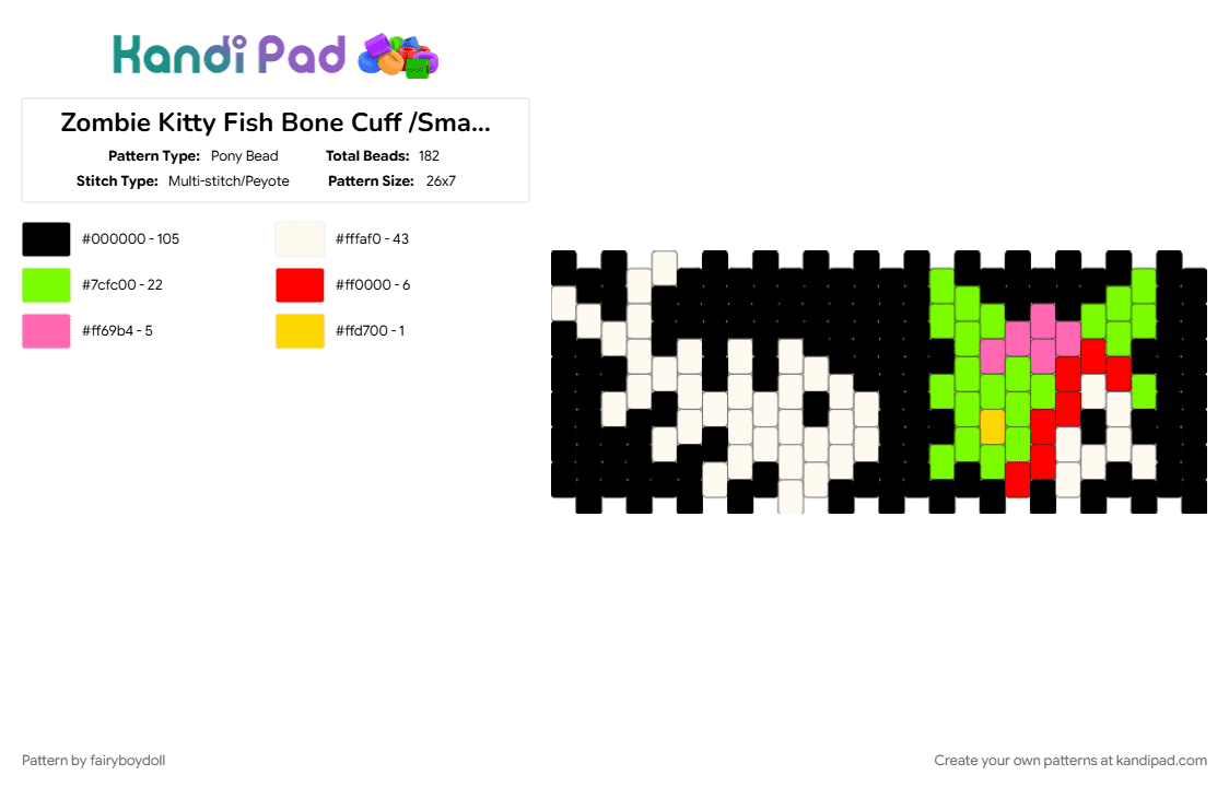Zombie Kitty Fish Bone Cuff /Small 26 - Pony Bead Pattern by fairyboydoll on Kandi Pad - black, cat, fish, green, halloween, skeleton, spooky, white, zombie