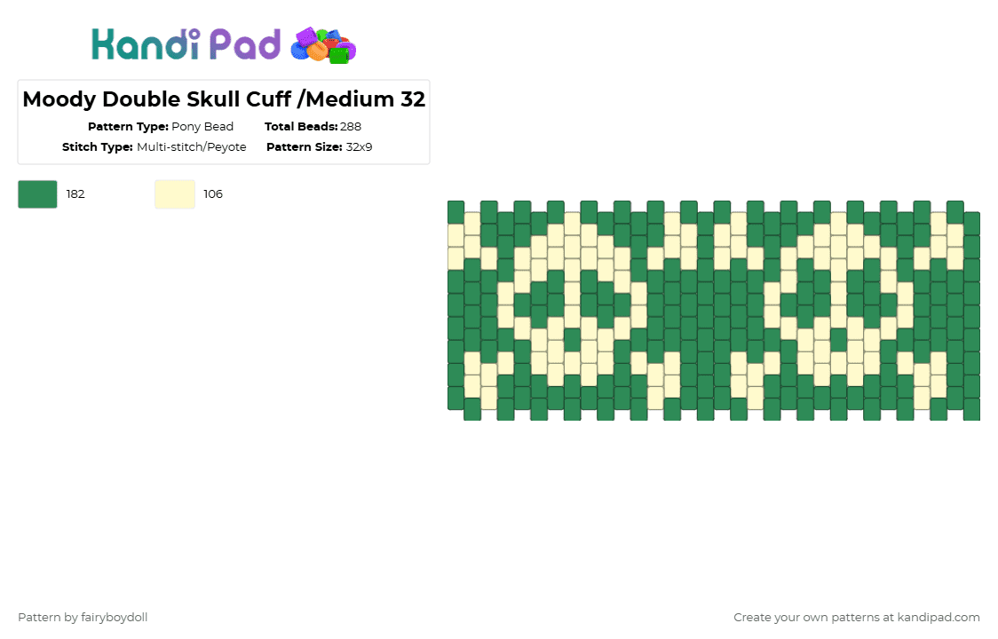Moody Double Skull Cuff /Medium 32 - Pony Bead Pattern by fairyboydoll on Kandi Pad - yellow,green,skull,spooky,punk,y2k,scene,emo,fossil