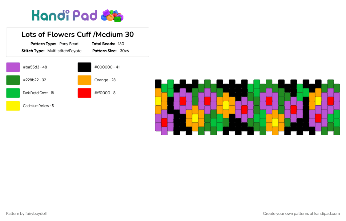 Lots of Flowers Cuff /Medium 30 - Pony Bead Pattern by fairyboydoll on Kandi Pad - flower, green, pink